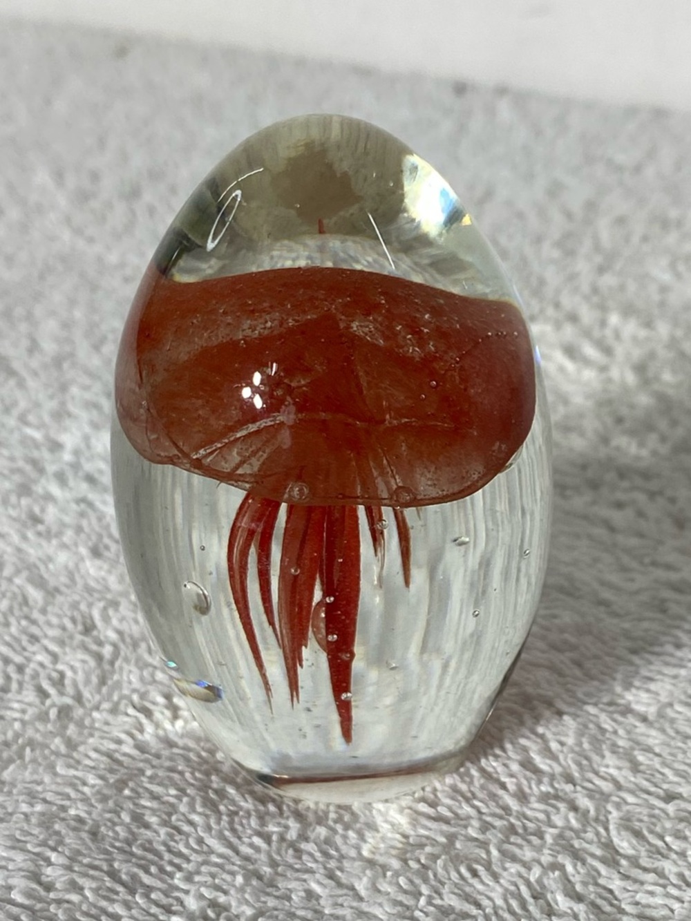 Vintage Red Jellyfish Art Glass Paperweight UV Reactive Green Spotted Glow Mini